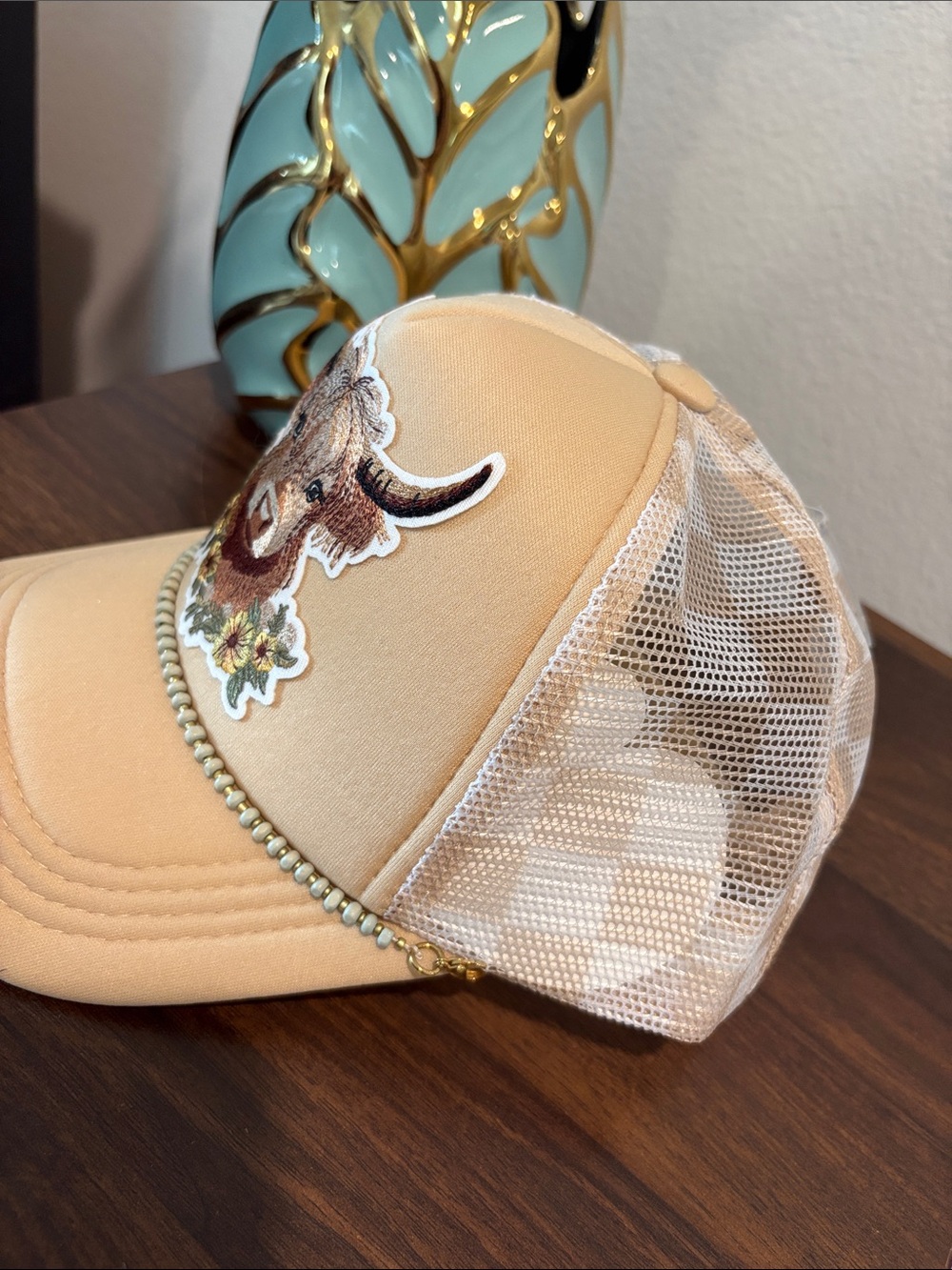 Tan Trucker Hat with Embroidered Highland Cow Patch - Picture 2 of 2